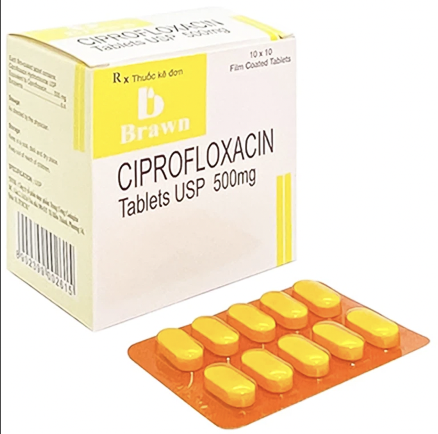 Viên nén bao phim Ciprofloxacin 500mg Brawn kháng sinh điều trị nhiễm khuẩn (10 vỉ x 10 viên)