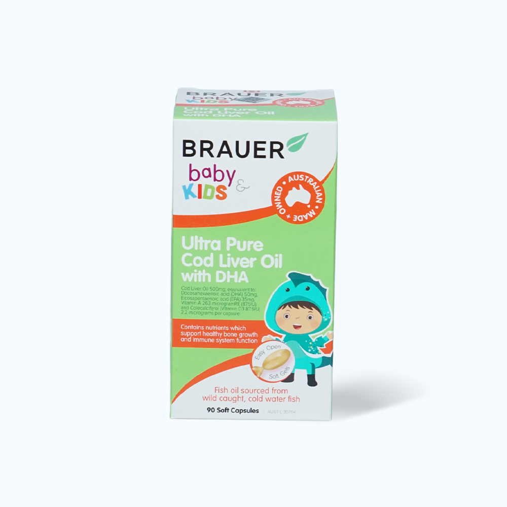 BRAUER Ultra Pure Cod Liver Oil With DHA BS Omega Cho Tre (Hop 90v)
