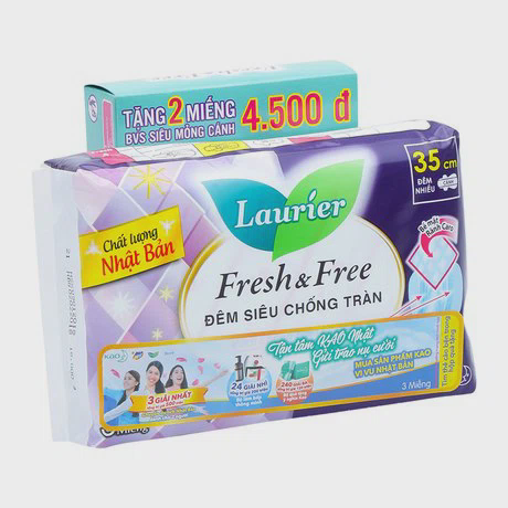Băng vệ sinh ban đêm siêu bảo vệ có cánh Laurier Fresh & Free 35cm (3 miếng/gói) + Tặng kèm hộp BVS siêu mỏng cánh Laurier (2 miếng/hộp)
