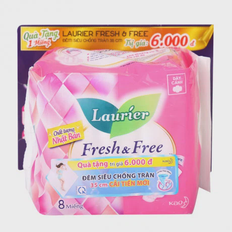 BVS Laurier Fresh & Free dày cánh siêu thấm tối đa (8 miếng) + Tặng hộp 1 miếng BVS Laurier 30cm