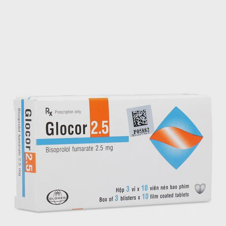 Viên nén bao phim Glocor 2,5mg điều trị tăng huyết áp, đau thắt ngực, suy tim (3 vỉ x 10 viên)