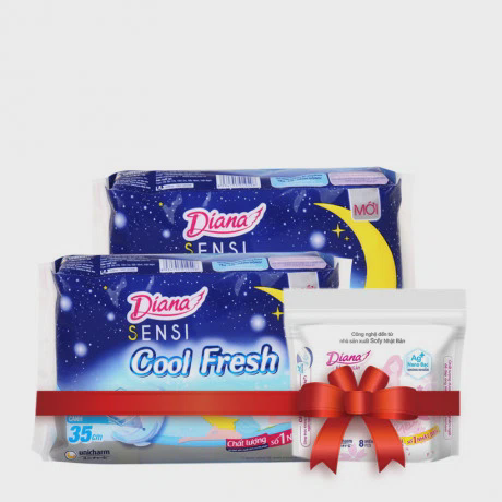 Băng vệ sinh siêu mát lạnh ban đêm Diana Sensi Cool Fresh Night 35cm (3 miếng/gói) + Tặng băng vệ sinh hàng ngày Diana (8 miếng/gói)
