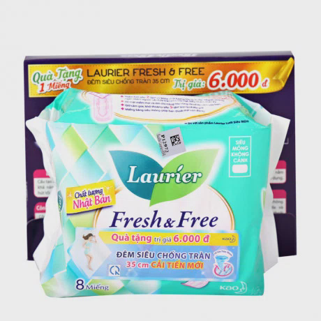 BVS Laurier Fresh & Free siêu mỏng không cánh siêu thấm tối đa (8 miếng/gói) + Tặng kèm hộp 1 miếng BVS ban đêm Laurier 30cm