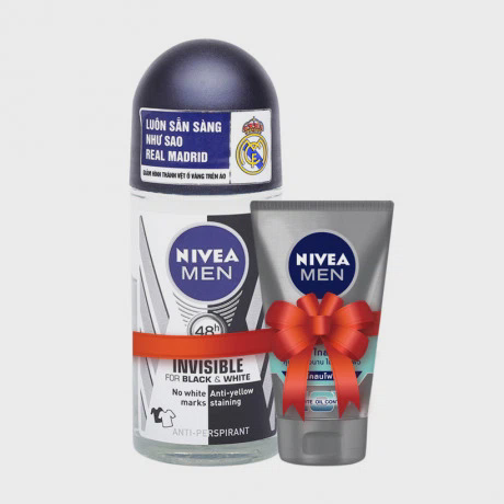Lăn khử mùi ngăn vệt ố vàng cho nam Nivea Men Invisible For Black & White (50ml) + Tặng sữa rửa mặt Nivea Men (30g)