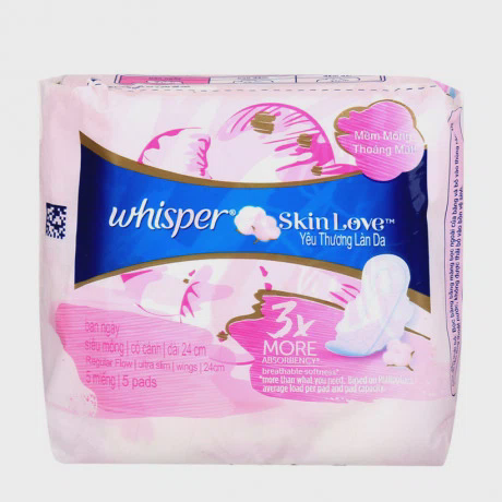 Băng vệ sinh ban ngày mềm mỏng có cánh 24cm Whisper (5 miếng/gói)
