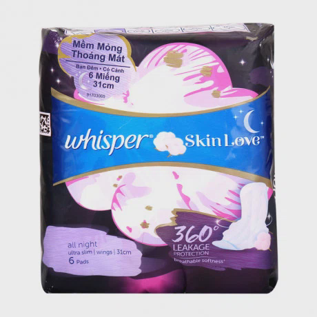 Băng vệ sinh Whisper ban đêm mềm mỏng có cánh 31cm (6 miếng/gói)