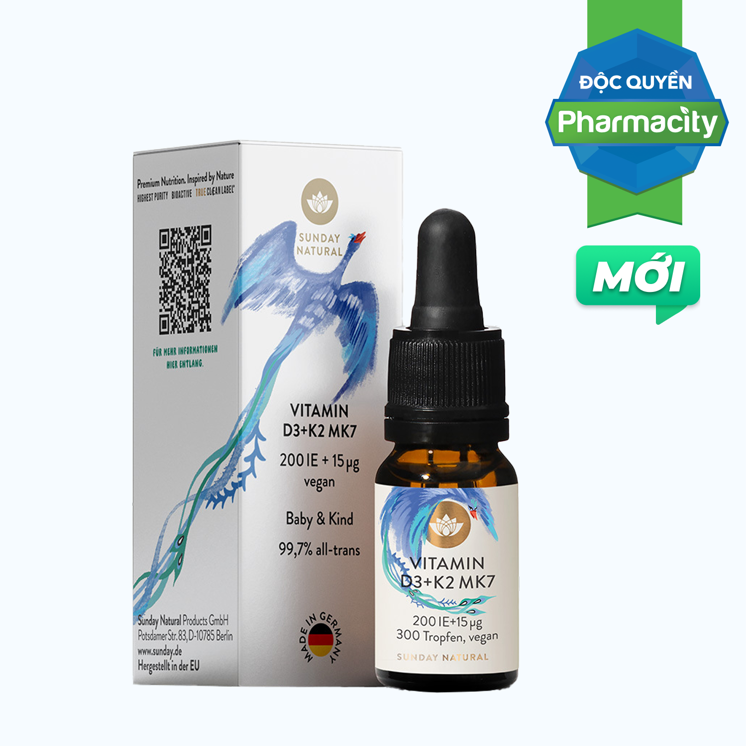 Sunday Natural Vitamin D3 + K2 MK7 200 IU Algae Thuan Chay Tang Chieu Cao (Chai 10ml)
