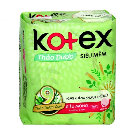 Băng vệ sinh thảo dược siêu mềm siêu mỏng cánh Kotex 23cm (Gói 8 miếng)