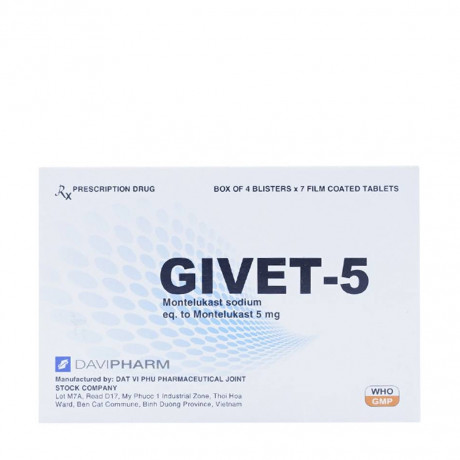Viên nén Givet 5mg dự phòng và điều trị hen phế quản mạn tính, viêm mũi dị ứng (4 vỉ x 7 viên)