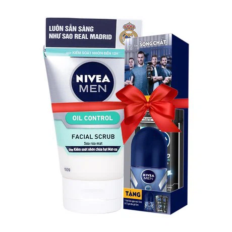 Sữa rửa mặt hạt massage kiểm soát nhờn cho nam Nivea (100g) + Tặng kèm lăn khử mùi Nivea Men (12ml) và 12 gói dầu gội Nivea Men (5ml)