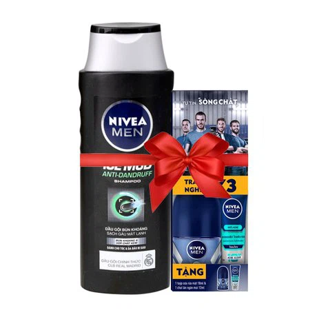 Dầu gội bùn khoáng sạch gàu mát lạnh cho nam Nivea Men Ice Mud Anti-Dandruff (380ml) + Tặng kèm lăn khử mùi Nivea Men (12ml) và sữa rửa mặt Nivea Men Acne Clear (18ml)