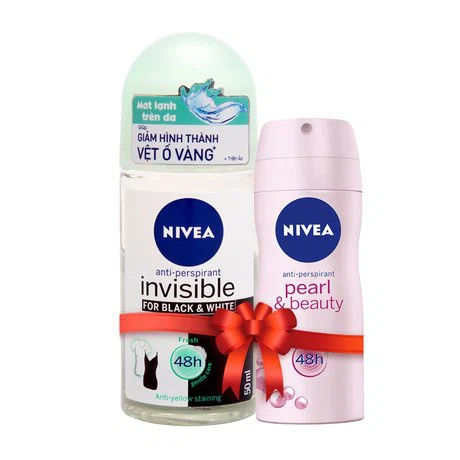 Lăn ngăn mùi mát lạnh Nivea Invisible For Black &  White (50ml) + Tặng kèm xịt khử mùi ngọc trai Nivea Pearl & Beauty (35ml)