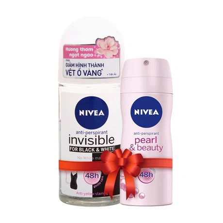 Lăn ngăn mùi hương thơm ngọt ngào Nivea Invisible For Black &  White (50ml) + Tặng kèm xịt khử mùi ngọc trai Nivea Pearl & Beauty