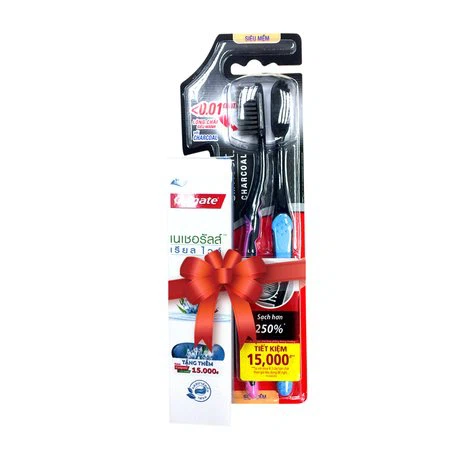 Bộ 2 bàn chải đánh răng siêu mềm mảnh Colgate Slim Soft Charcoal + Tặng 1 tuýp kem đánh răng