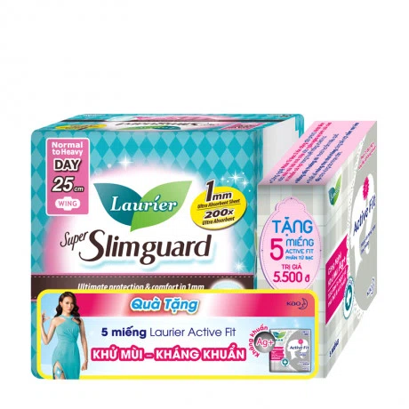 BVS ban ngày siêu mỏng cánh Laurier Super Slimguard 25cm (10 miếng/gói) + Tặng hộp 5 miếng BVS Laurier hàng ngày phân tử bạc