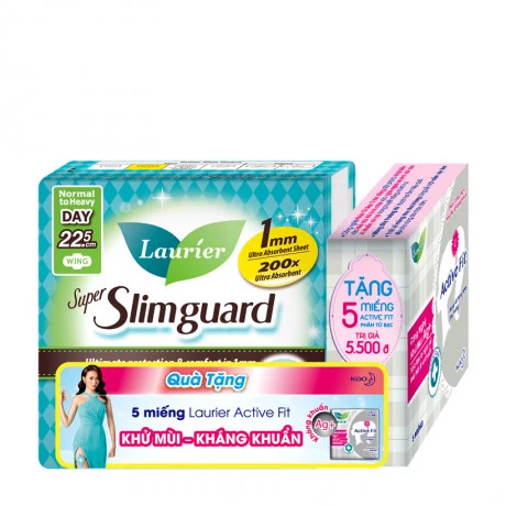 BVS ban ngày siêu mỏng cánh Laurier Super Slimguard 22.5cm (8 miếng/hộp) + Tặng hộp 5 miếng BVS Laurier hàng ngày phân tử bạc