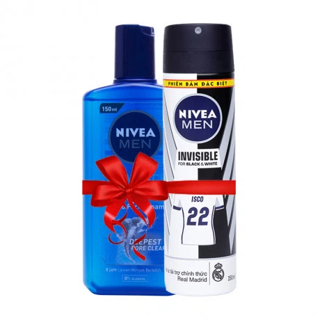 Xịt khử mùi Nivea Men Invisible For Black & White (150ml) + Tặng gel rửa mặt Nivea Men (150ml)