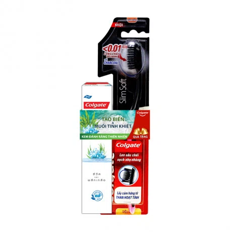 Bàn chải đánh răng Colgate Slimsoft Charcoal+ Tặng kem đánh răng Colgate tảo biển (40g)