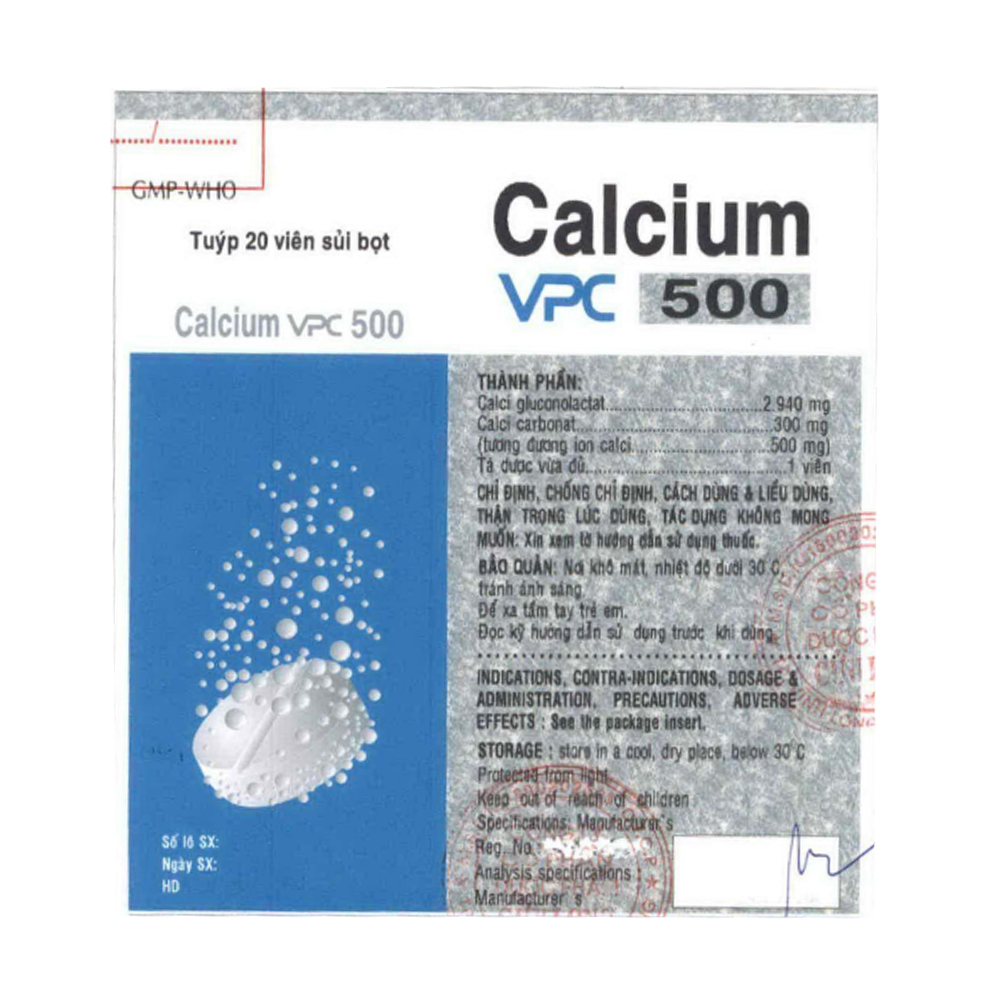 Viên nén sủi bọt Calcium VPC 500mg bổ sung calci, ngừa loãng xương, còi xương (tuýp 20 viên)