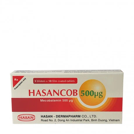 Viên nén Hasancob 500mcg thiếu máu do thiếu B12, bệnh lý thần kinh ngoại biên (3 vỉ x 10 viên)
