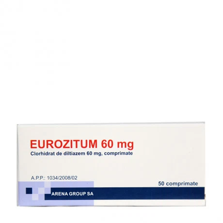 Viên nén Eurozitum 60mg điều trị tăng huyết áp, đau thắt ngực (5 vỉ x 10 viên)
