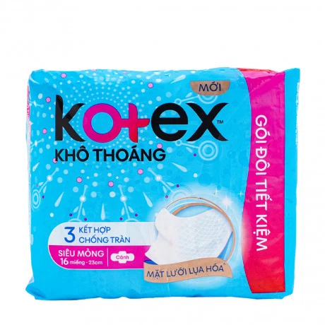 Băng vệ sinh khô thoáng siêu mỏng có cánh Kotex 23cm (Gói 16 miếng)