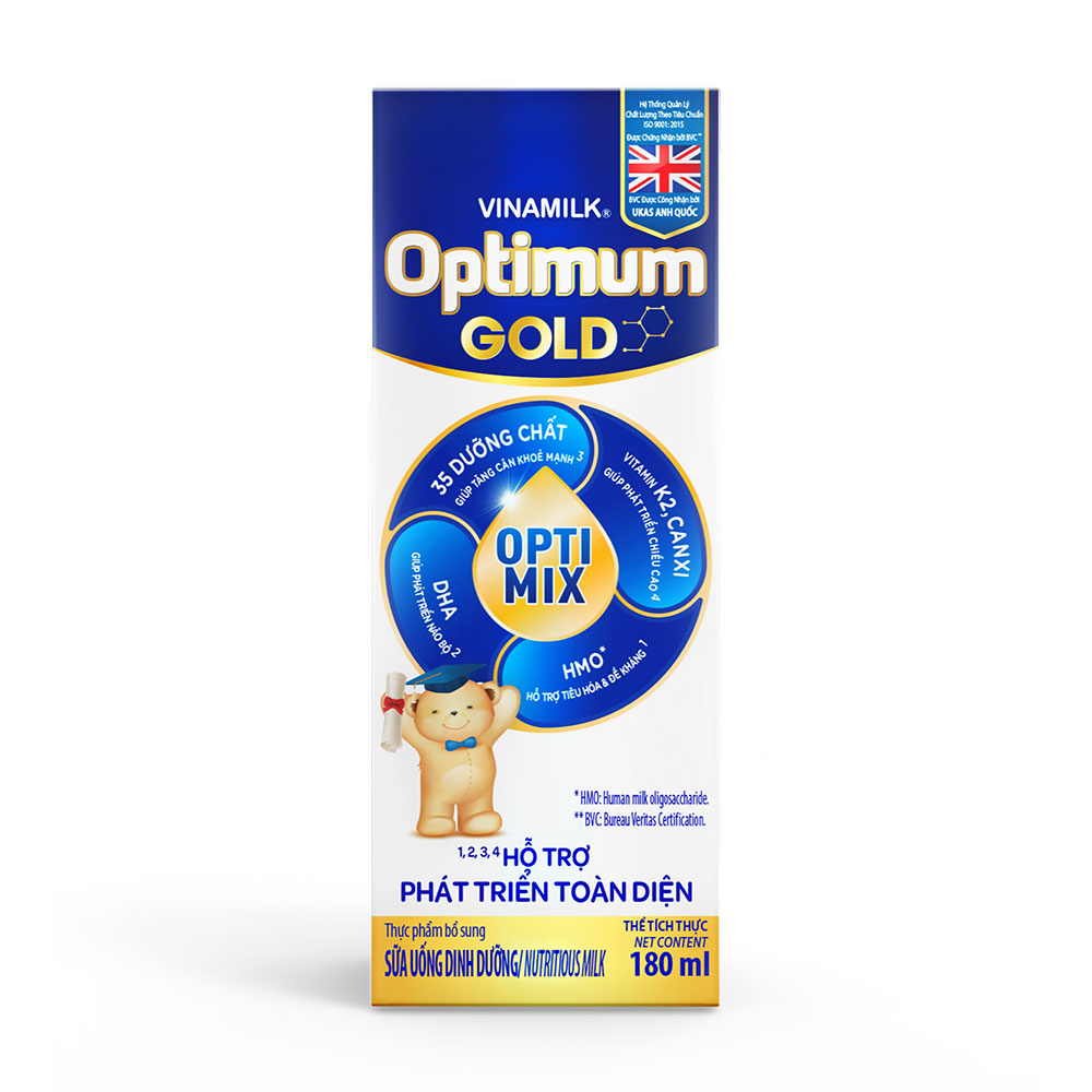 Sữa uống dinh dưỡng từ 2 tuổi Vinamilk Optimum Gold (Hộp 180ml, lốc/4 hộp)