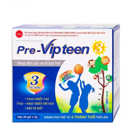 Thực phẩm bảo vệ sức khỏe cốm bổ sung canxi cho trẻ Pre-Vipteen 3 Vinh Gia (Hộp 20 gói)