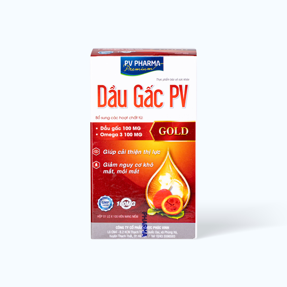 PHUC VINH Dau Gac PV Gold Giup Sang Mat, Giam Kho Mat (Hop 100vien)